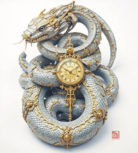 score_9, score_8_up, score_7_up, UHD, Art Nouveau, "The scales of the serpent shine silver and the clock face shine gold", Very Beautiful Illustration, Japanese Illustration Style, Masterpiece, Hyperdetailed, Thick Coating, "A snake coils itself around a c...