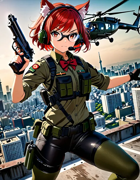 masterpiece, best quality, high res, 4k, 8k, solo focus, 1girl, female commando, Japanese military officer, (catgirl:1, furry ears:1.2), college-aged female, ((short hair, bob hair, red hair, hazel eyes, swept bangs, headset, googles)), green-collared shir...