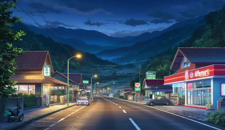 Make an anime-style background, at night, Koto Cianjur, West Java, Indonesia, on the side of the road there are: houses, grocery stores, minimarkets, grocery stores, other shops, surrounded by green mountains, next to the road there is an Alfamart minimark...