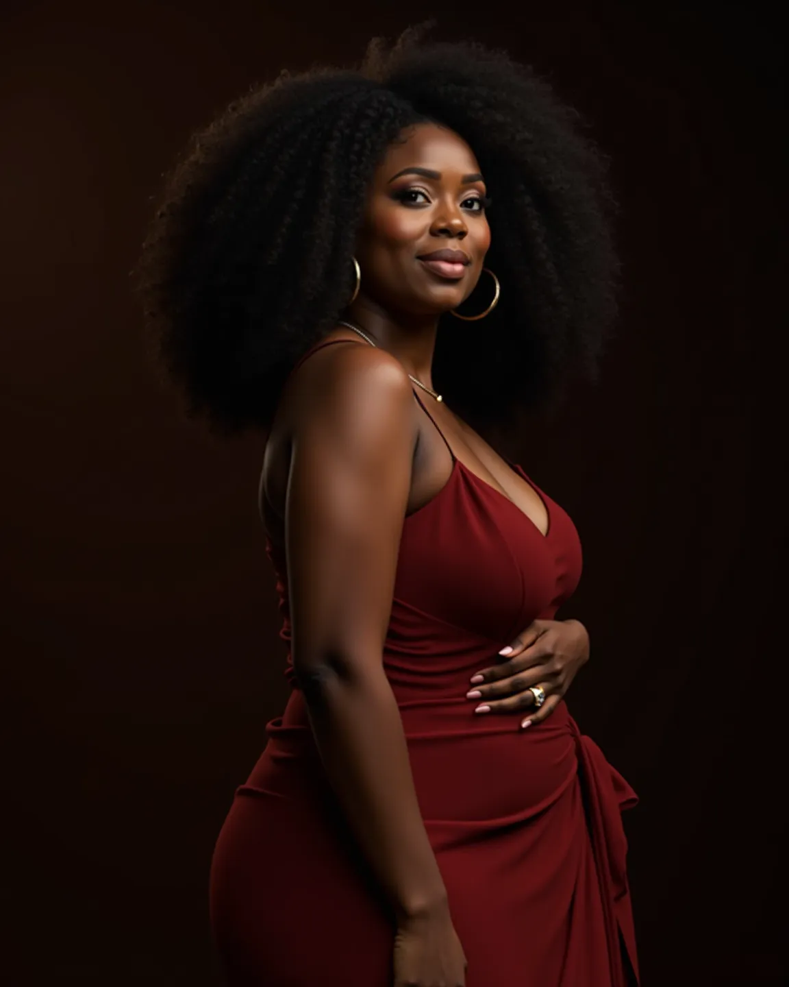 Photorelistic, 8k, A stunning, confident Afro-American woman named Jade, aged 25-30. She has a curvy, full-figured body with smooth, radiant dark skin. Jade is wearing an elegant, form-fitting dress that highlights her figure, exuding sophistication and ch...