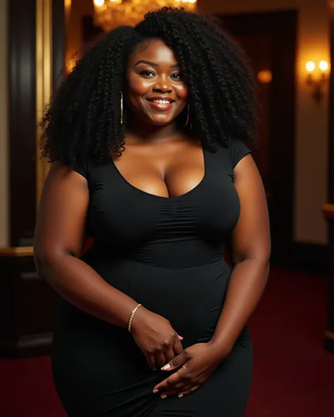 Photorelistic, 8k, A stunning, confident Afro-American woman named Jade, aged 25-30. She has a curvy, full-figured body with smooth, radiant dark skin. Jade is wearing an elegant, form-fitting dress that highlights her figure, exuding sophistication and ch...