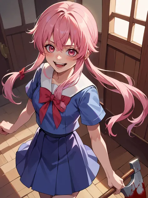 score_9, score_8_above, score_7_above, source_anime, 1 ,  alone, Yuno Gasai,   long hair, pink eyes,  pink hair, to smile, Short twins ,  sailor uniform,  white sailor collar ,  short sleeves , shirt, blue shirt, skirt, blue skirt, bow, bowtie, red bowtie,...