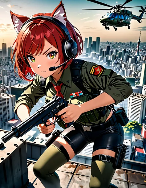 masterpiece, best quality, high res, 4k, 8k, solo focus, 1girl, female commando, Japanese military officer, (catgirl:1, furry ears:1.2), college-aged female, ((short hair, bob hair, red hair, hazel eyes, swept bangs, headset, googles)), green-collared shir...