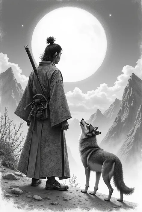  Samurai in kimono hair with a wolf looking at the moon and the mountains,  create the image in drawing format with pencils in the shade of gray  