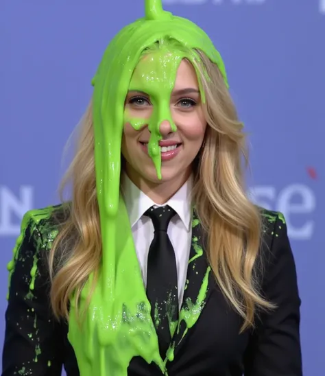 DSLR photograph. Beautiful blonde girl in a smart suit and slime splattered black tie covered in green water. (Photorealistic: 1.4). (Raw photo: 1.2). Gameshow background. strict uniform covered in slime, tie dripping with slime, Raining slime. Green slime...