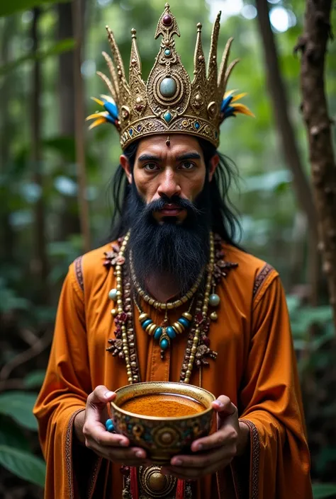 Shaman with a crown on his head and a cup in his hand with brown liquid, Ayahuasca