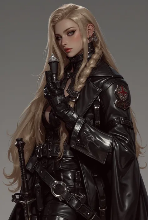  Close up of a person with a sword in a leather coat, Sephiroth, Sephiroth  from Final Fantasy , a photo of Sephiroth,  from Final Fantasy ,  leather armor , sexy long blonde hair woman wearing biker leather outfit,   Final Fantasy characters ,  Style Sunk...