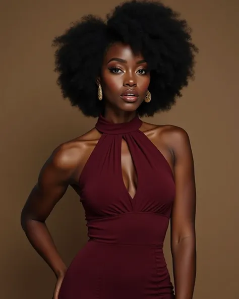 Photorelistic, 8k, A stunning, confident Afro-American woman named Jade, aged 25-30. She has a curvy, slim waste, radiant dark skin. Jade is wearing an elegant, form-fitting dress that highlights her figure, exuding sophistication and charm. frame her face...