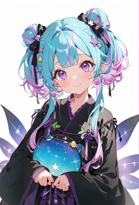  in the seat，，Blink，  World's Cutest Girl  ，  wear a colorful and cute goth kimono costume  , star fairy ,  wear a colorful and cute goth kimono costume  with little fairy feathers growing from above your waist 、  simple background、 Best Details 、smile、 Mi...