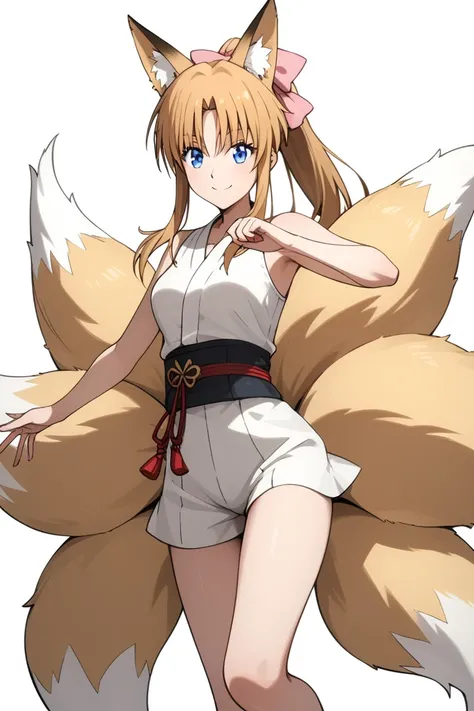 Half body, MASTER PIECE, HIGH QUALITY,  HD, 4K(((((Kamiya Kaoru wearingtail,animal ears,fox ears,fox tail,multiple tails)))), (((perfect body))), ((((perfect girl anatomy)))), BLACK LONG HAIR, long ponytail hairstyle, pink hairbow, PERFECT EYES, medium bre...