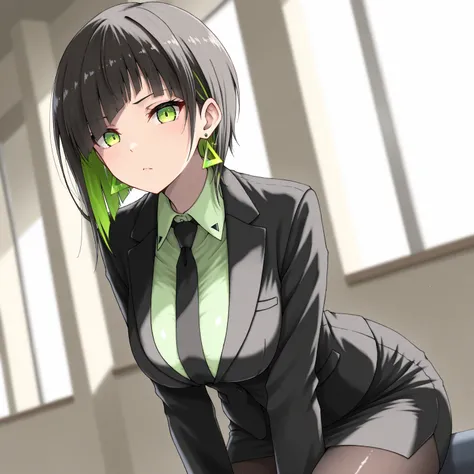 masterpiece, (((( best quality )))),1 girl, Japanese Anime ,,shiny skin, wearing a black suit,skirt suit, black tie , dark hair, short bob hair,The inner color of the hair is green, green eyes,isosceles triangle earrings, black tights,large breasts