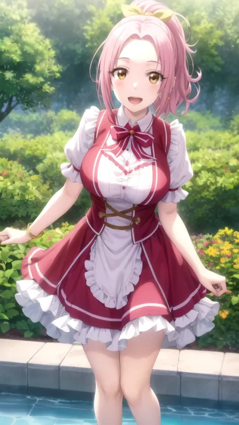 Masterpieces, Best Quality, girl, looking at viewer, maria sarushima, short hair, (brown eyes:1.3), pink hair, ponytail, ribbon, hair ribbon, large breasts, princess connect Re:Dive cosplay, princess Dress, standing, smile, open mouth, outdoors 