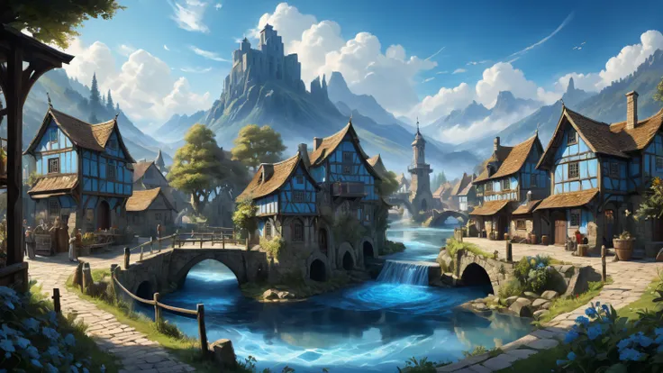  medieval village, ((tifling with blue skin and tail is in the foreground at full height)),  tall cedar grows near the water with the watermill, fish splashes in the water,  city market square with a well, houses with morning light ,  morning rays illumina...