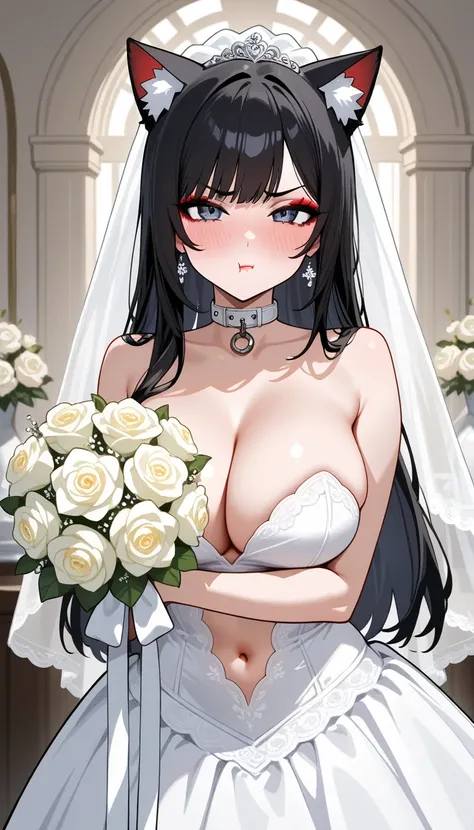  just a cute girl ，Holding a bouquet，Short，Baby Face Big Breasts， well-shaped ，Eyeshadow， red lips，Pout，Craving to kiss，Shy， long black hair ，Collar，Cat ears，Wear a strapless white wedding dress， showing cleavage ， showing her navel ，wedding，Flowers，guest，...