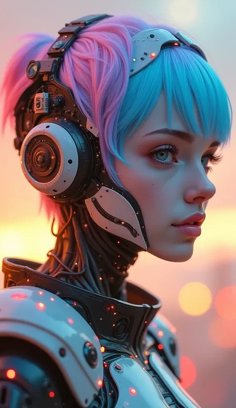 masterpiece, best quality, high quality, highres, perfect, 
Close-up,  portrait, from side, short candy hair, cyborg girl,
sunset, golden hour, vibrant, translucent candies 
award winning,