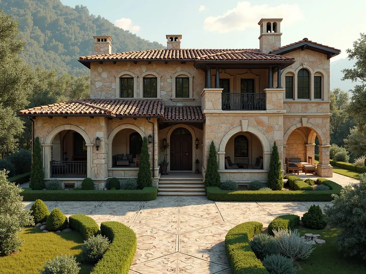  Imagine a futuristic villa in the countryside,   its design is rustic in the 1800's style, There are olive trees around, Mediterranean style, ultra perfect details , 8k.