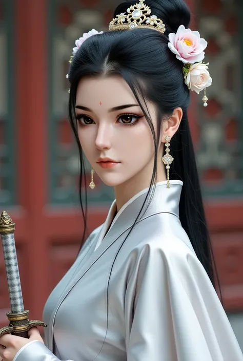 1 beautiful Chinese woman .  Long hair.  Wears a beautiful hairpin.  Beautiful jewelry and makeup.  Wearing beautiful grey hanfu clothes, white. Memakai mantel berbulu warna white. Smiling obliquely. fierce face. A royal princess.  Holding a sword in his r...