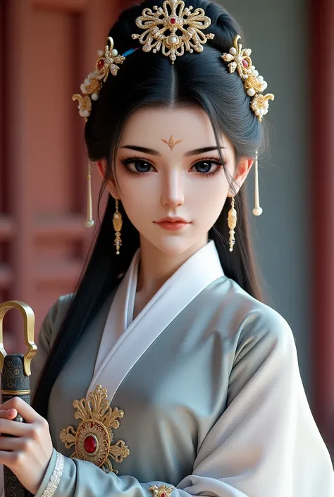 1 beautiful Chinese woman .  Long hair.  Wears a beautiful hairpin.  Beautiful jewelry and makeup.  Wearing beautiful grey hanfu clothes, white. Memakai mantel berbulu warna white. Smiling obliquely. fierce face. A royal princess.  Holding a sword in his r...