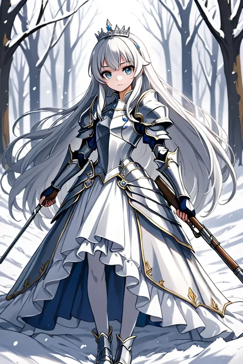  top quality,   ultra high resolution, anime style、(( girl))、 holds a musket,Long silver hair, grey eyes、snow white、 tiara 、A dress that looks like armor