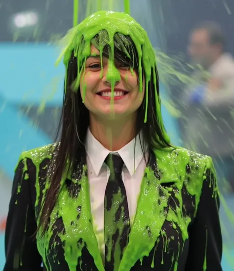 DSLR photograph. Beautiful blonde girl in a smart suit and slime splattered black tie covered in green water. (Photorealistic: 1.4). (Raw photo: 1.2). Gameshow background. strict uniform covered in slime, tie dripping with slime, Raining slime. Green slime...