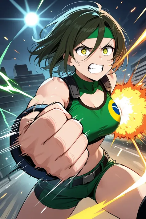 A Brazilian Super Heroine Fighting A Villain, Punching With a Angry Face