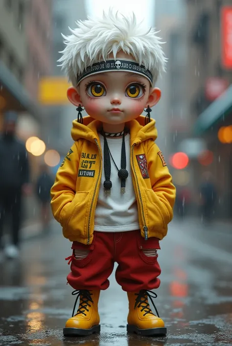 3D anime style, bjd,  boy, white hair, yellow eyes, black cross earrings, black band with Egyptian writing on forehead, white band with skull pattern on forehead, white long-sleeved shirt, black ribbon, yellow hooded long Jacket with sleeves, jacket with E...