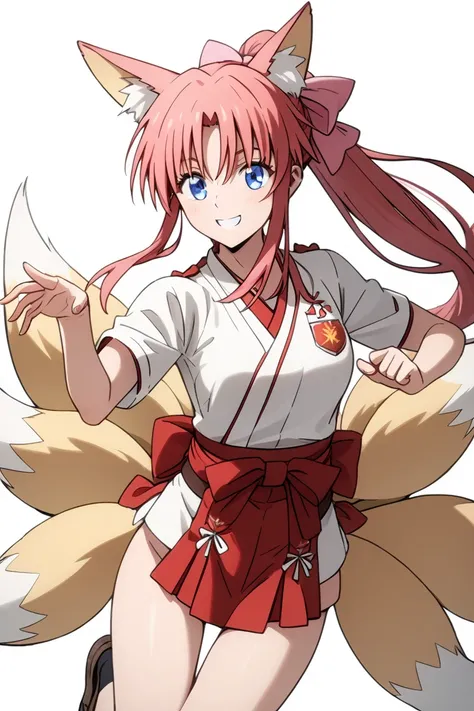 Half body, MASTER PIECE, HIGH QUALITY,  HD, 4K(((((Kamiya Kaoru wearing miko uniform, fox ears,fox tail,multiple tails)))), (((perfect body))), ((((perfect girl anatomy)))), (((BLACK LONG HAIR, long ponytail hairstyle, pink hairbow))), PERFECT EYES, medium...