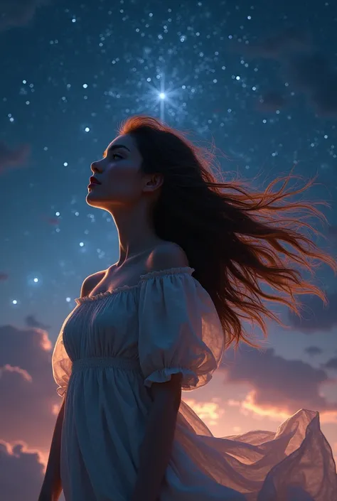  Realistic and Beautiful Young Woman Full View,Hair fluttering slightly in the wind, 
 starry sky 　 moonlight 　　sparkle　 Fantastic　 pink gold　 looking up at the night sky 　cloud　Light　sparkle　