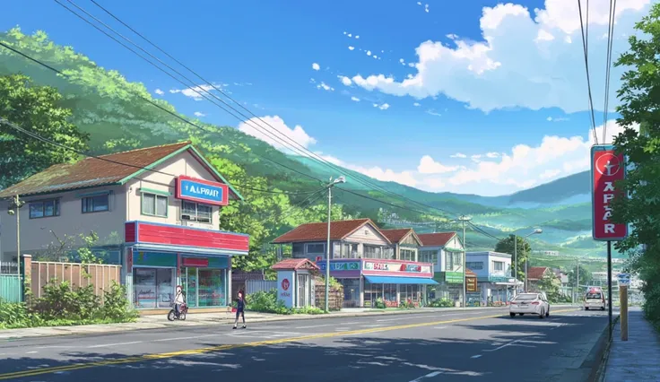 Make an anime-style background, city Cianjur, West Java, Indonesia, on the side of the road there are: houses, grocery stores, minimarkets, grocery stores, other shops, surrounded by green mountains, next to the road there is an Alfamart minimarket, detail...