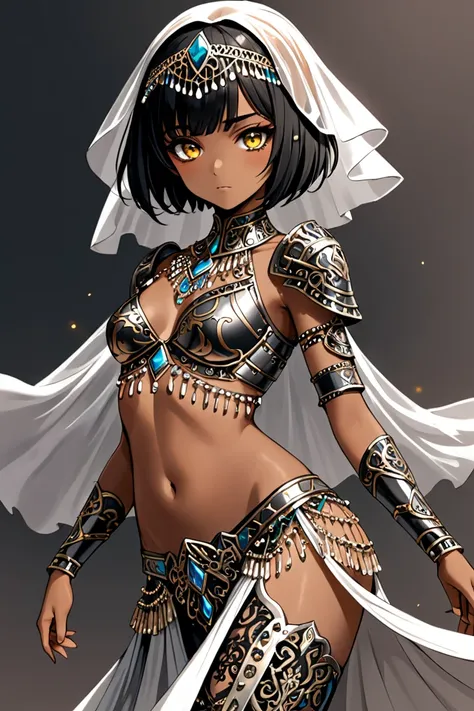  top quality,   ultra high resolution, (( girl))、 bob cut black hair,Belly dance costume that looks like armor with an ash tagger 、Colored eyes, brown skin,鎧の様なベリーダンス衣装,Veil