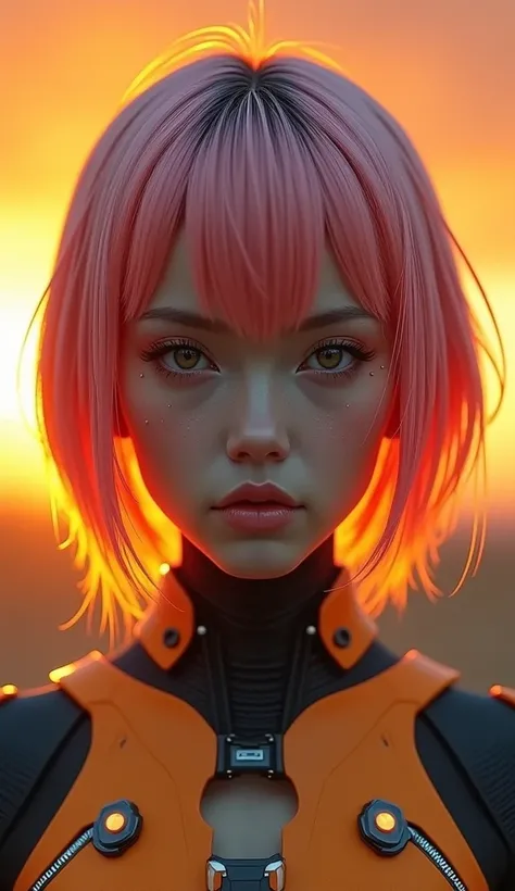 Centered, masterpiece, best quality, high quality, highres, perfect, 
Close-up,  portrait, from side, short candy hair, cyborg girl,
sunset, golden hour, vibrant, translucent candies 
award winning,