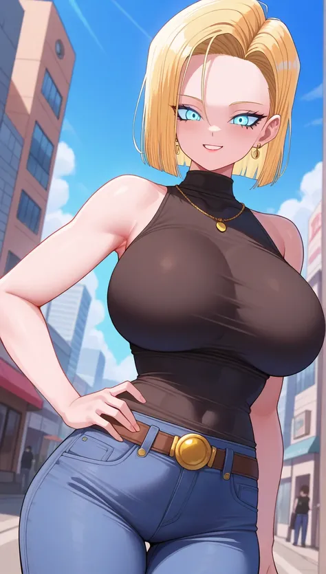 ( masterpiece), (portrait),  big boobs (aesthetics), ((1 female 21 years old)),  highlighted by the earrings ), (( short hair)), ((cabelo loiro cristal warm)), (( Android 18)) straight hair, thin eyes open,  blue eyes, , naughty,  mischievous smile, woman,...