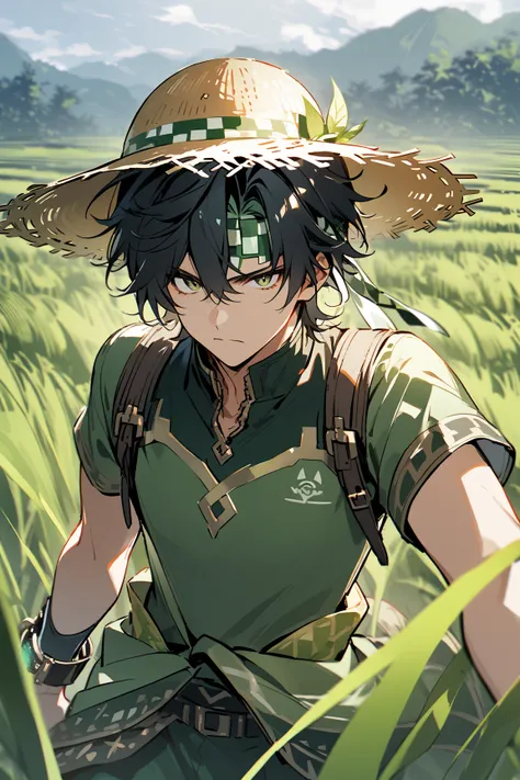 1boy, male character, black hair, green checkered headband, straw hat, green Thai outfit,serious, in a rice field, raising his green high tech watch, a green t-rex spirit coming out of the watch