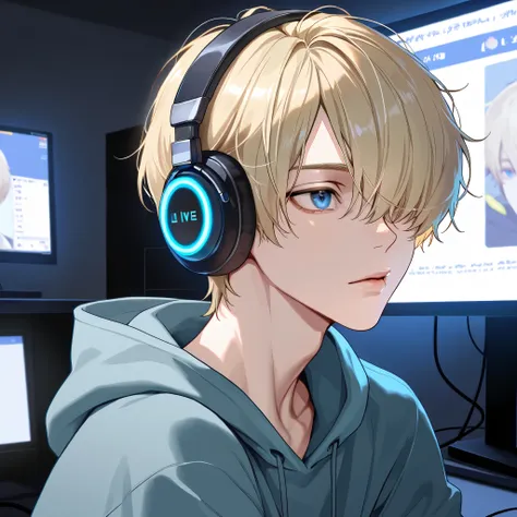 solo, short hair, long sleeves, 1boy, hair over one eye, upper body, male focus,bishounen,skinny,lips,portrait, blonde hair,blue eyes,indoors, hoodie, headphones, hood down, monitor, live stream,game commentary,