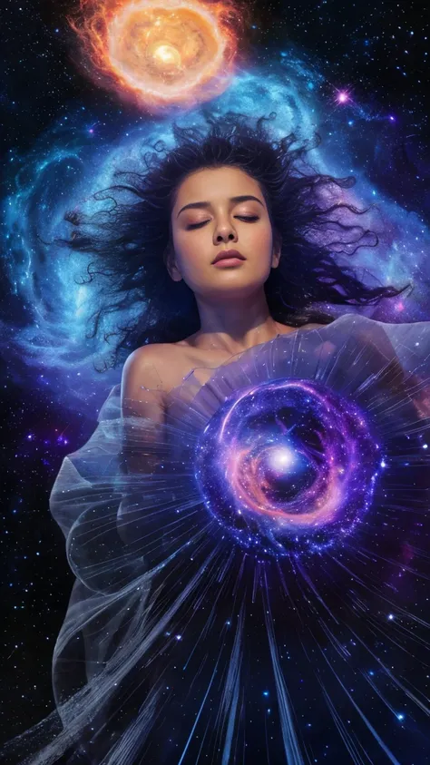 "Divine cosmic being with hair like swirling galaxies, skin embedded with stardust, and a robe of liquid nebula. She floats in a void surrounded by dying stars and newborn planets, her outstretched hands cradling a supernova. 8K hyperrealism captures every...