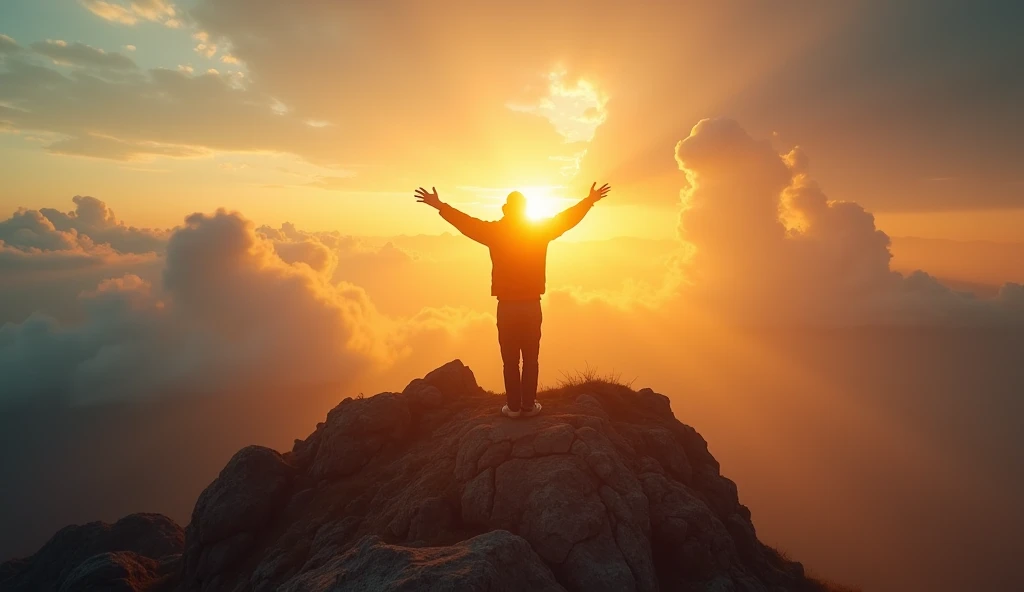  An inspiring image that represents resilience and rebirth after the adversity.  It shows a person standing on the top of a mountain at dawn ,  with arms open to the sky ,  symbolizing a new opportunity and overcoming difficult moments .  The golden light ...