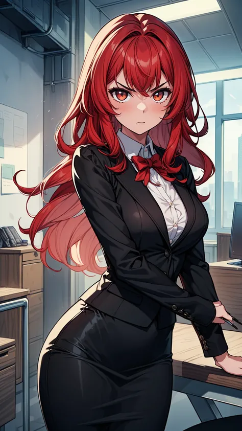 ((((masterpiece, best quality:1.8, high detail)))), (1girl), beautiful angry business woman, solo focus, long wavy hair, red hair, (black blazer), (black midi pencil skirt), (long skirt), wide hips, office interior