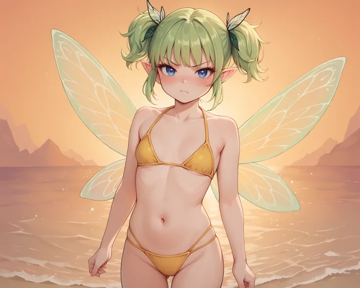 score_9_up, score_8_up, score_7_up, 1girl, solo, source_anime, fairy, FairyForm, Fairy Wings, Wings BREAK 

Short twintails, fairy wings, bangs, small breasts, green hair, blue eyes BREAK 

Yellow bikini, navel BREAK 

Closed mouth, blush face, looking at ...