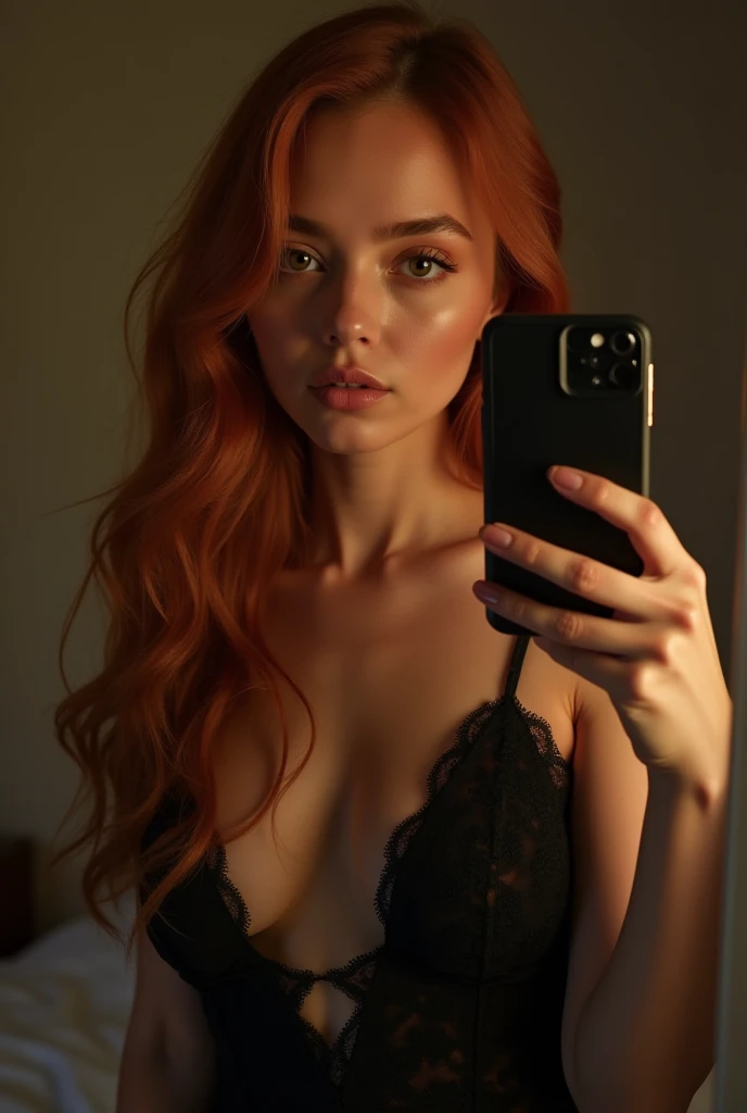 Madson Beer woman, 20 years, light red long wavy slick hair, white glow skin, brown eyes, gloss lips, soft makeup and highlighter,wearing a black lace dress with a low neckline. In a bedroom at night. Taking a picture in the mirror with a cell phone  