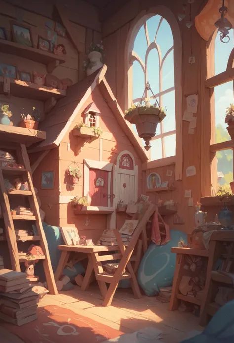  rooms,  cute little people's house, Precise， complicated ,   Fine Details ， detailed descriptions of tableware ， looks like it's fun ， happy， happy atmosphere ，The lives of little people , various expressions