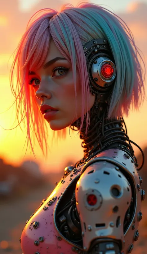 Centered, masterpiece, best quality, high quality, highres, perfect, 
Close-up,  portrait, from side, short candy hair, cyborg girl,
sunset, golden hour, vibrant, translucent candies 
award winning,