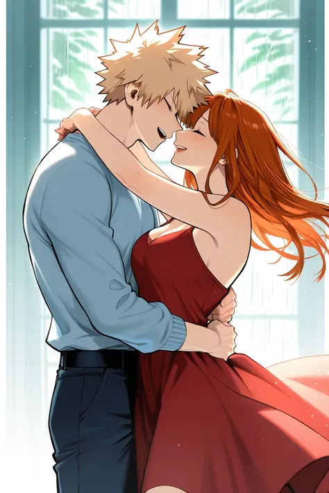 bakugo katsuki, girl with long auburn hair, couple, romantic, detailed, cute, dancing under the rain