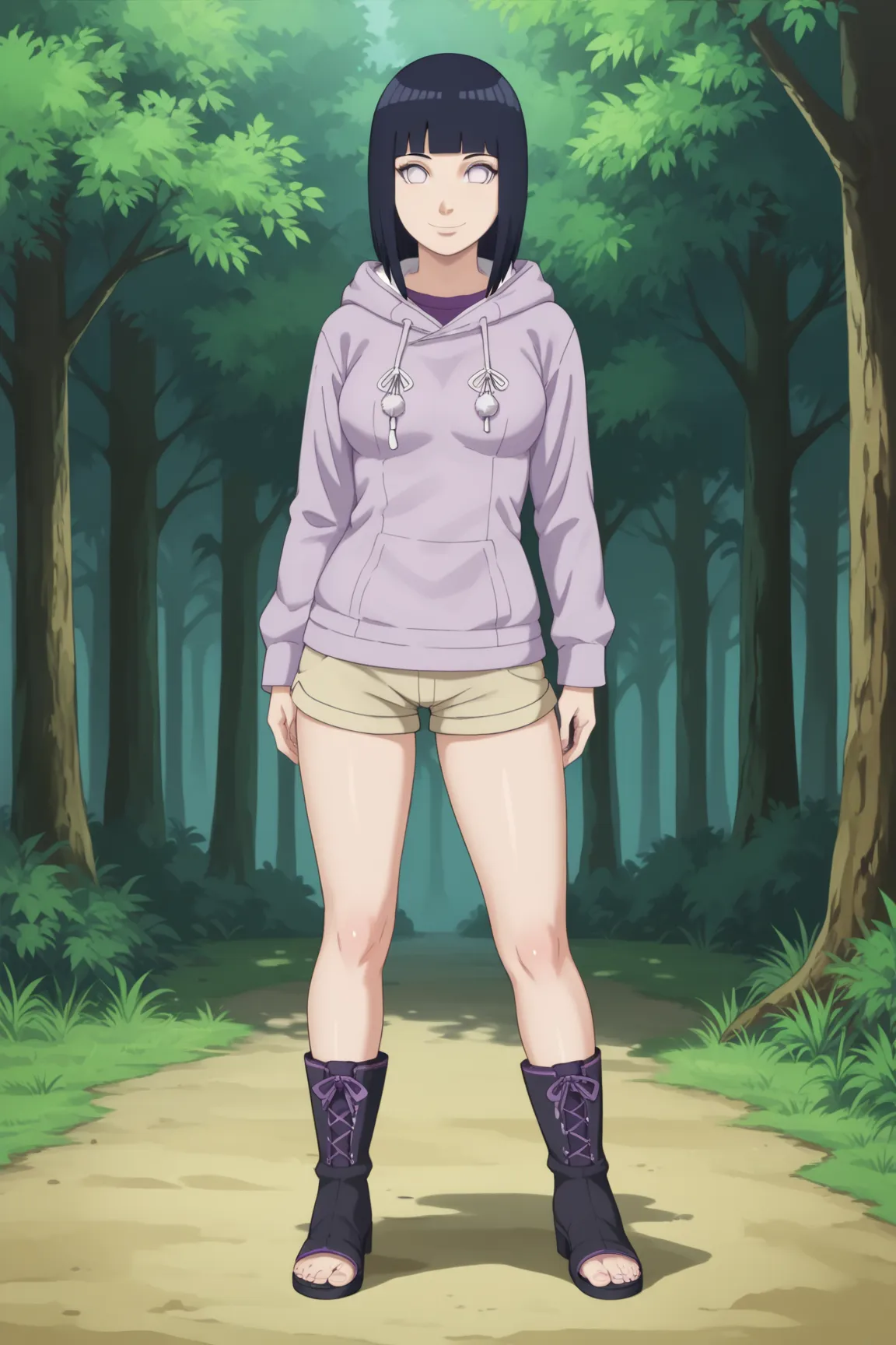 score_9, score_8_up, score_7_up, score_6_up, BREAK, HinataHyugaNXL, no pupils, white eyes, black hair, short hair, hime cut, mediun breasts, purple hoodie, long sleeves, kakhi shorts, toeless boots, solo, full body, standing, seductive smile, looking at vi...