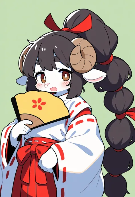 1girl, (furry, kemono:1.4), sheep girl, animal nose, sheep ears, sheep horn, long hair, solo, black hair, japanese clothes, green background, high ponytail, miko, simple background, ribbon-trimmed sleeves, multi-tied hair, hand fan, red ribbon, ribbon trim...