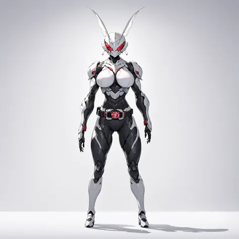 Top quality, full body, standing, from front,looking at viewer, plain white background, pure white background, solid white background.no human features,An insect-like female humanoid monster, large breasts, muscular, a rider belt around her waist