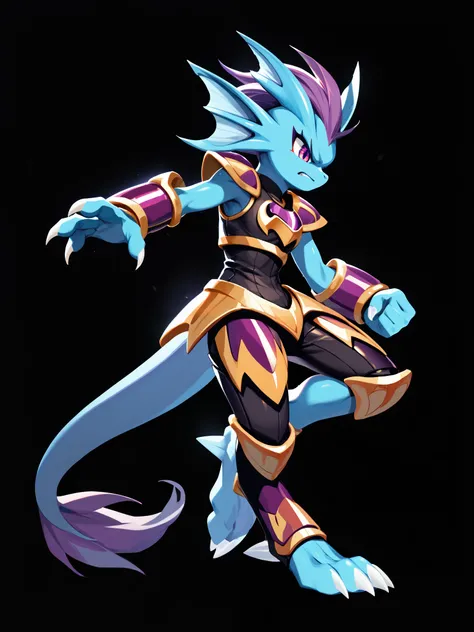 Anime, ((anime style)), solo drawing, solo, Three-Quarter view, ((Solid Black Background)), ((vivid purple eyes)), ((draconic ear frills)), ((head fin)), ((tall figure)), ((angry expression)), ((action pose)), ((digitigrade legs)), ((digitigrade feet)), ((...