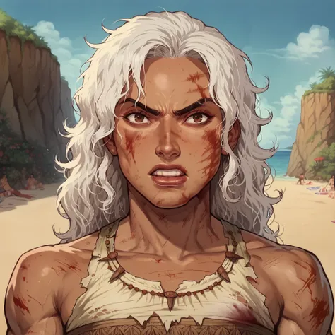 (((beautiful, high quality, comics style, detailed face))), score_9, score_8_up, score_7_up, BREAK, human, 34yo, (vitiligo skin, skin discoloration, body mark, facial mark) woman, brown eye, (((wide body, wide shoulders, swoll, muscular, muscle))), (square...