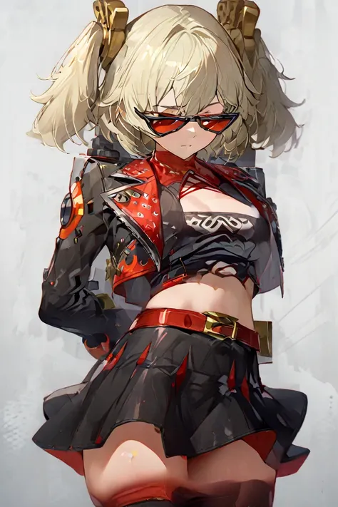 ((White burnice of Zenless Zone zero)), A girl,  alone, short hair,  blond hair, small double tails,  hair ornament , black sunglasses , Red lenses, Sunglasses on top of the hair, red orange eyes,  looking down,  mouth shut, Beautiful body, black top,short...