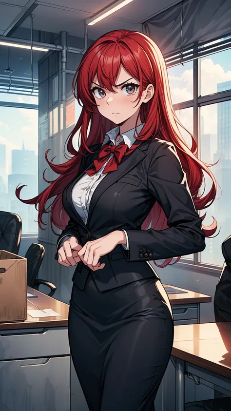 ((((masterpiece, best quality:1.8, high detail)))), (1girl), beautiful angry business woman, solo focus, long wavy hair, red hair, (black blazer), (black midi pencil skirt), (long skirt), wide hips, office interior