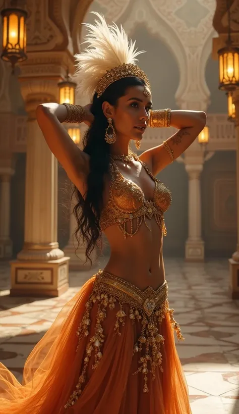 A hyperrealistic depiction of a stunning belly dancer in an opulent Arabian palace courtyard under the soft glow of lanterns and moonlight. She wears an extravagant golden and copper-toned costume adorned with shimmering gemstones and metallic accents. A s...